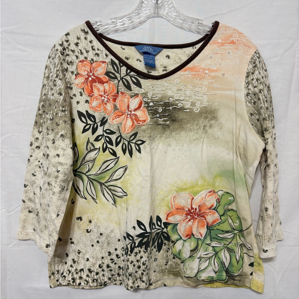 Floral Long Sleeve Top - Cream and Green